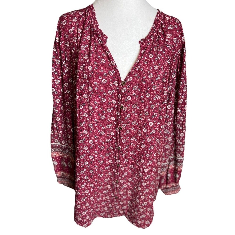 Mason & Belle Tierra Smocked Sleeve Top Maroon Multi XXL
